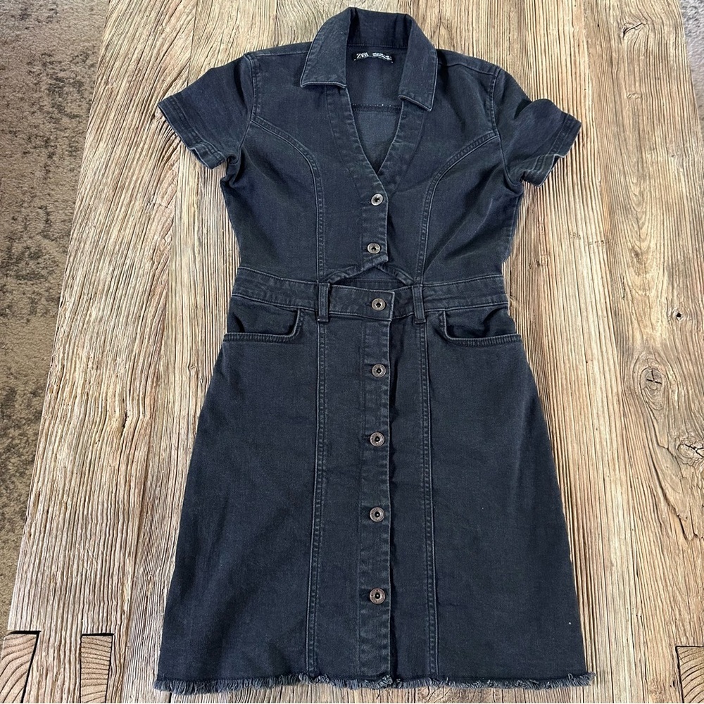 Zara Women Denim Cut Out Button Up Jumper Mini Dress Sz S Black V-Neck 90s Y2K